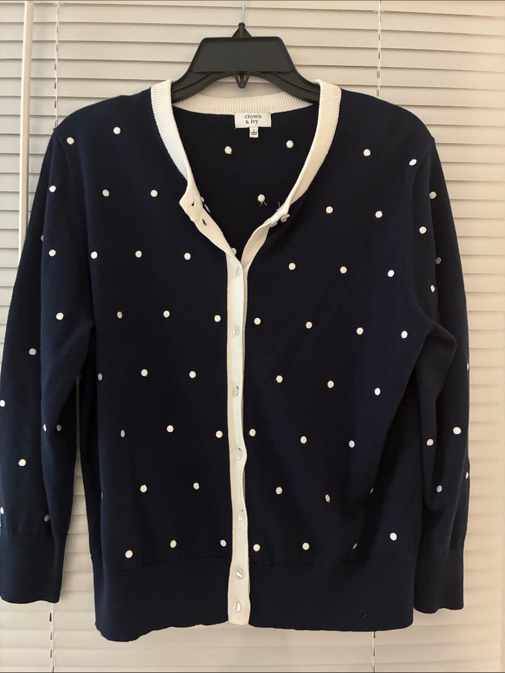 Crown & Ivy Navy and White Polka Dot Cardigan. Size L.